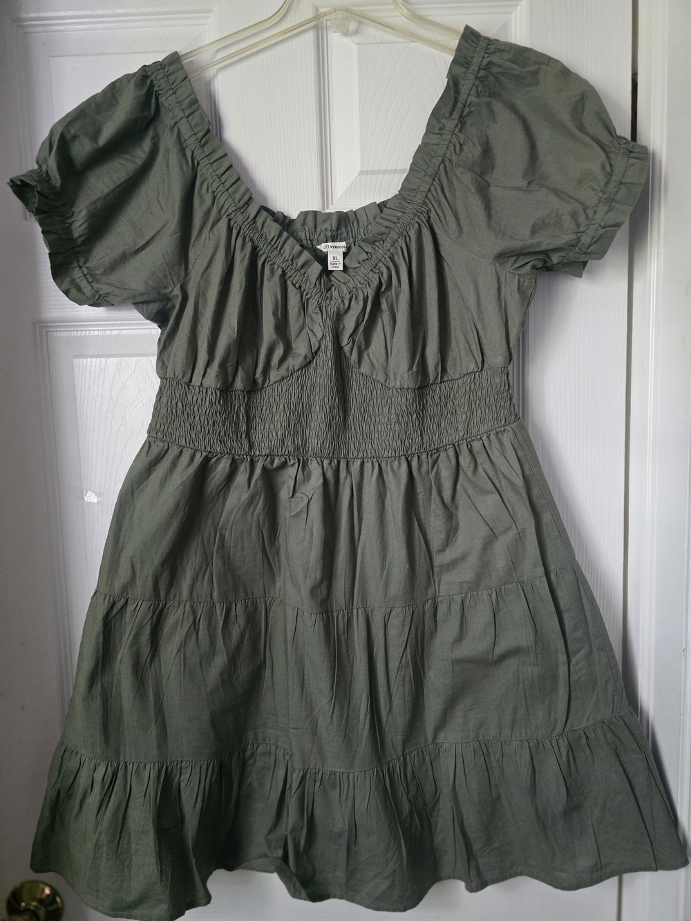 Versona Olive Green Smocked Tiered Puff-Sleeve Dress